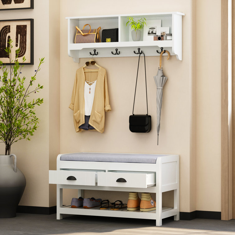 White entryway bench with clearance coat rack